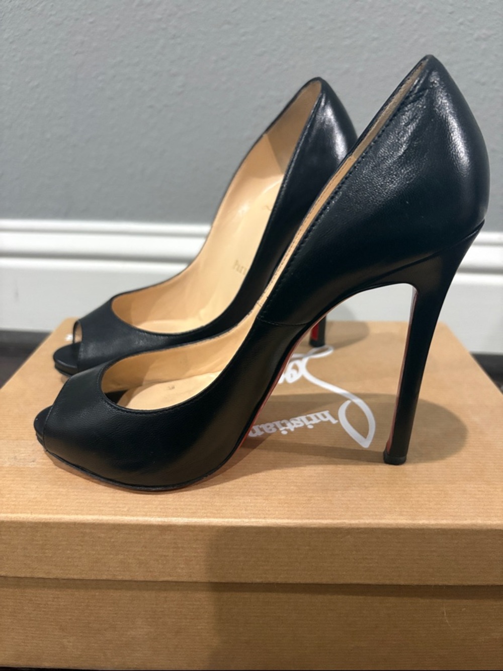 Christian Louboutin Black Leather Peep-Toe Stilettos with Red Sole